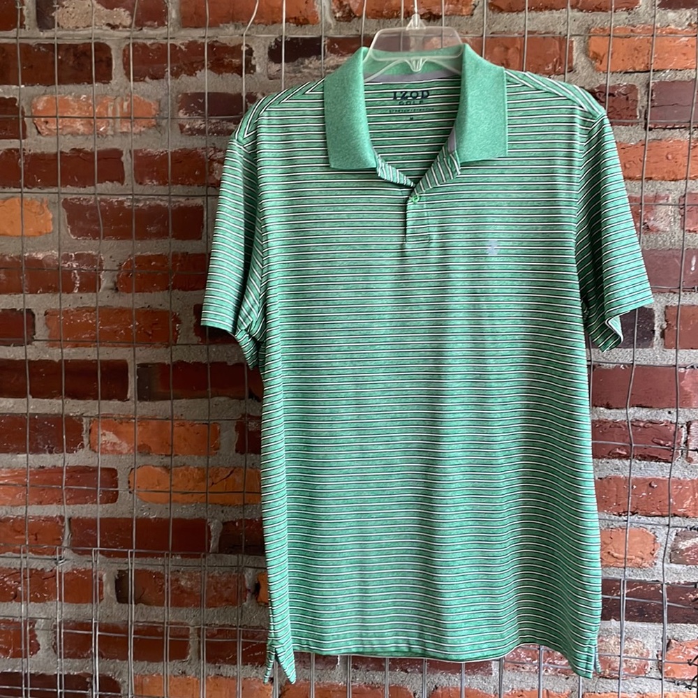 Izod Golf Green White Black Striped Polyester Golf Shirt Size Medium